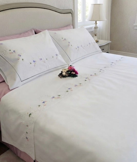 LENZUOLO COTONE PERCALLE RICAMO A MANO PUNTO PIENO BIANCO CM 270x290 VAR.2